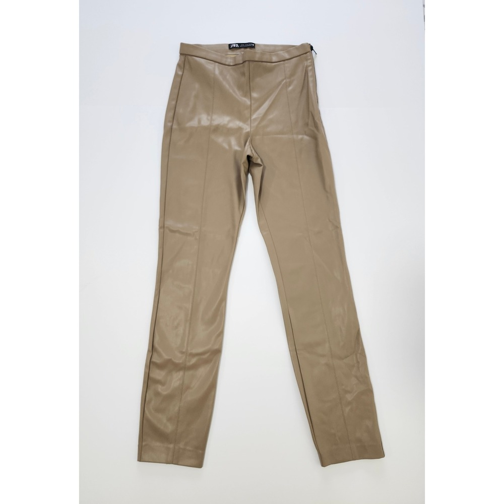 Zara Faux Leather High Waisted Pants Tan Slim Fit Side Zip Sz 2  Small 26 x 28